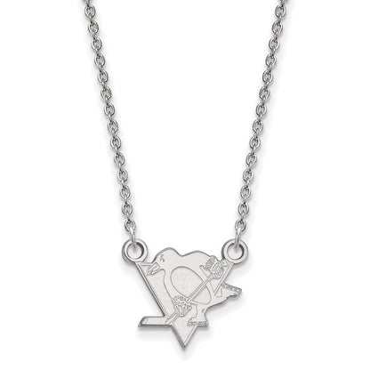 Sterlingsilber Rhodiniert Nhl Logoart Pittsburgh Penguins Klein Anhänger 18 Zoll Halskette