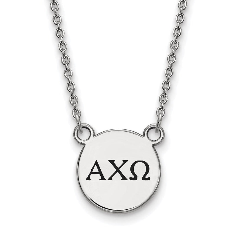 Sterlingsilber Rhodiniert Logoart Alpha Chi Omega Sorority Greek Buchstaben Klein Schwarz Emaille Anhänger 18 Zoll Halskette