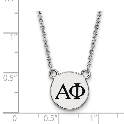 Sterlingsilber Rhodiniert Logoart Alpha Phi Sorority Greek Buchstaben Klein Schwarz Emaille Anhänger 18 Zoll Halskette