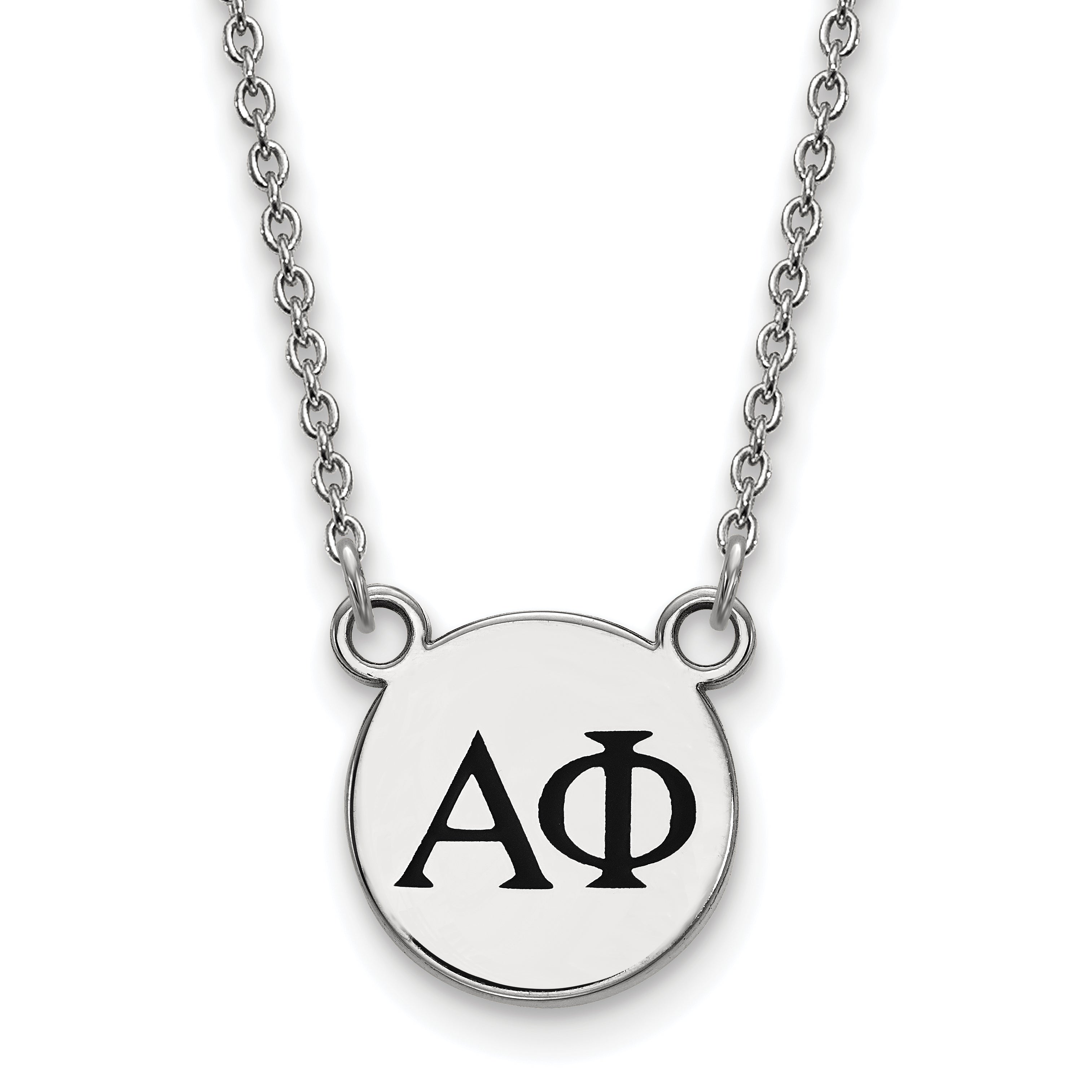 Sterlingsilber Rhodiniert Logoart Alpha Phi Sorority Greek Buchstaben Klein Schwarz Emaille Anhänger 18 Zoll Halskette