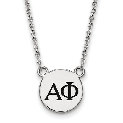 Sterlingsilber Rhodiniert Logoart Alpha Phi Sorority Greek Buchstaben Klein Schwarz Emaille Anhänger 18 Zoll Halskette