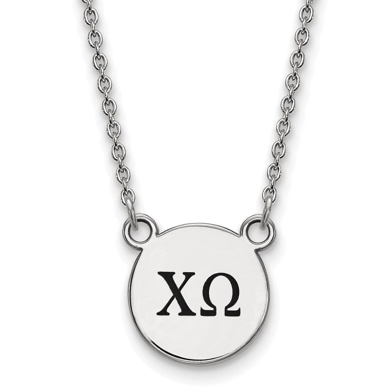 Sterlingsilber Rhodiniert Logoart Chi Omega Sorority Greek Buchstaben Klein Schwarz Emaille Anhänger 18 Zoll Halskette