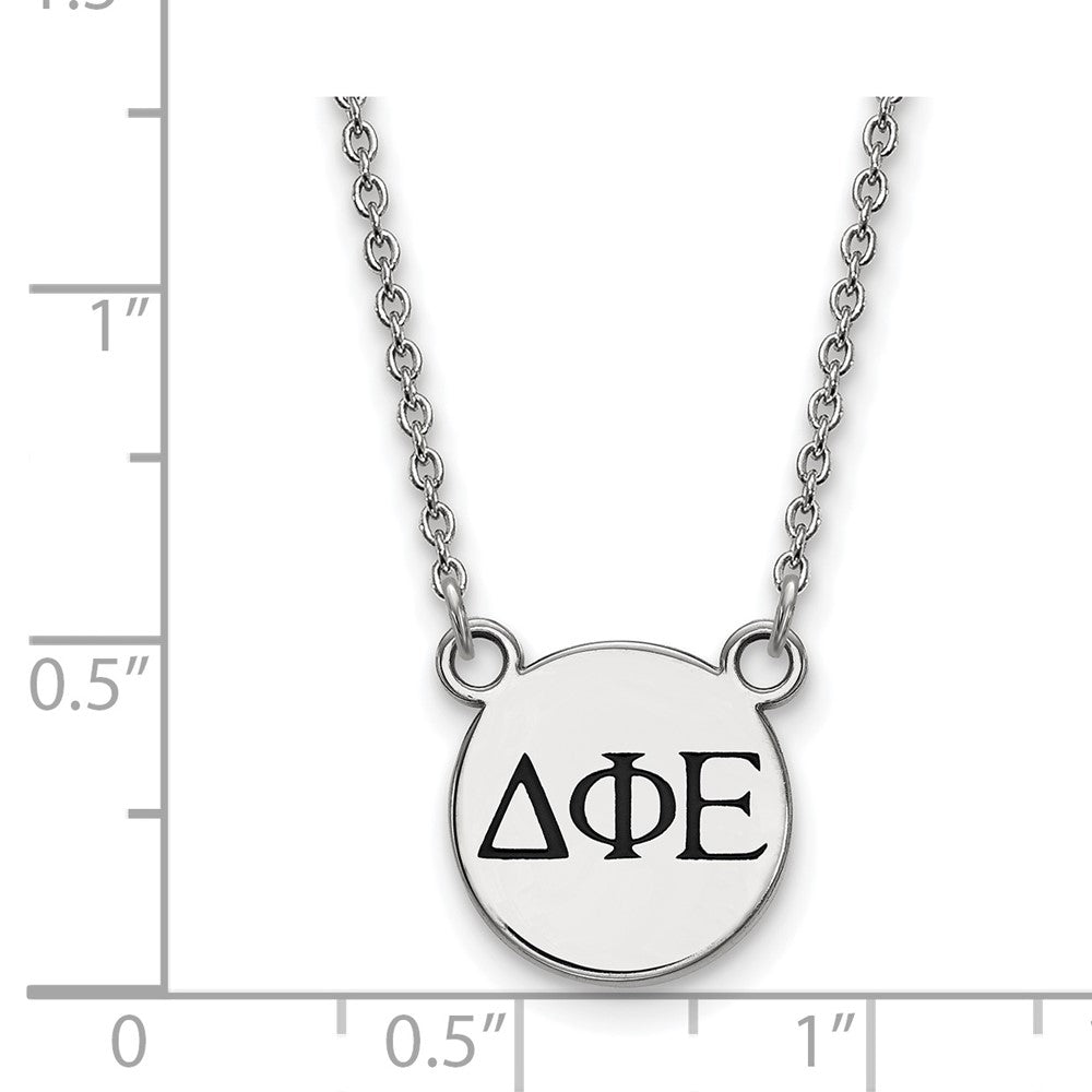 Sterlingsilber Rhodiniert Logoart Delta Phi Epsilon Sorority Greek Buchstaben Klein Schwarz Emaille Anhänger 18 Zoll Halskette