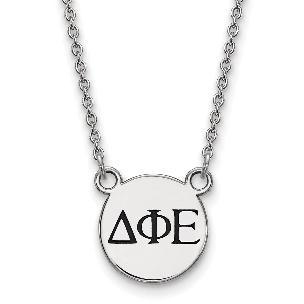 Sterlingsilber Rhodiniert Logoart Delta Phi Epsilon Sorority Greek Buchstaben Klein Schwarz Emaille Anhänger 18 Zoll Halskette