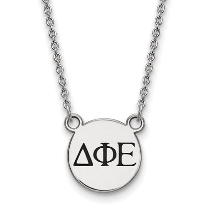 Sterlingsilber Rhodiniert Logoart Delta Phi Epsilon Sorority Greek Buchstaben Klein Schwarz Emaille Anhänger 18 Zoll Halskette