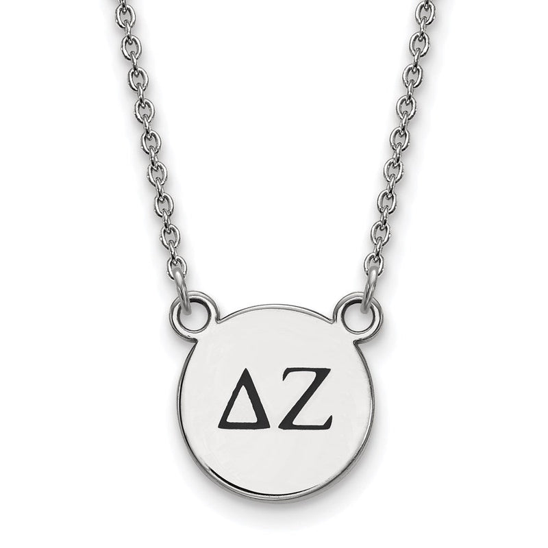 Sterlingsilber Rhodiniert Logoart Delta Zeta Sorority Greek Buchstaben Klein Schwarz Emaille Anhänger 18 Zoll Halskette