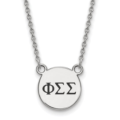 Sterlingsilber Rhodiniert Logoart Phi Sigma Sorority Greek Buchstaben Klein Schwarz Emaille Anhänger 18 Zoll Halskette