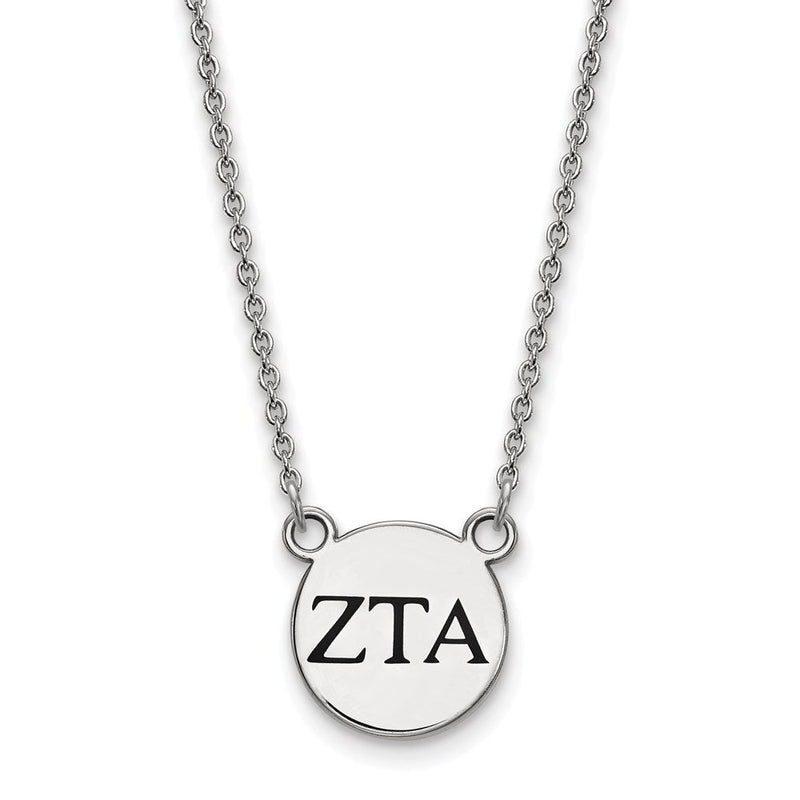 Sterlingsilber Rhodiniert Logoart Zeta Tau Alpha Sorority Greek Buchstaben Klein Schwarz Emaille Anhänger 18 Zoll Halskette
