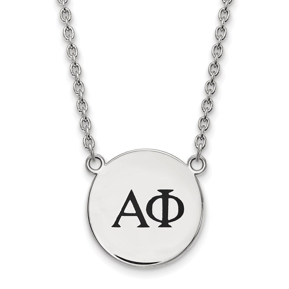 Sterlingsilber Rhodiniert Logoart Alpha Phi Sorority Greek Buchstaben Groß Schwarz Emaille Anhänger 18 Zoll Halskette