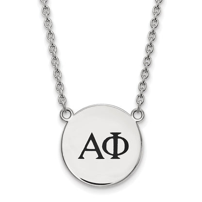 Sterlingsilber Rhodiniert Logoart Alpha Phi Sorority Greek Buchstaben Groß Schwarz Emaille Anhänger 18 Zoll Halskette