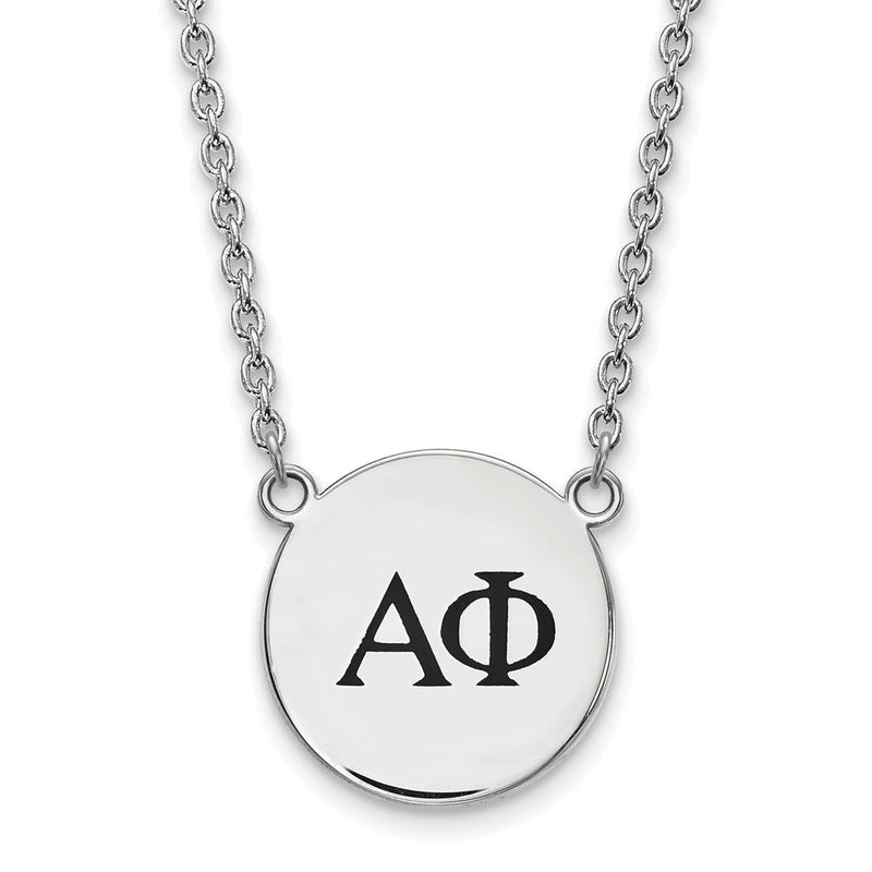 Sterlingsilber Rhodiniert Logoart Alpha Phi Sorority Greek Buchstaben Groß Schwarz Emaille Anhänger 18 Zoll Halskette