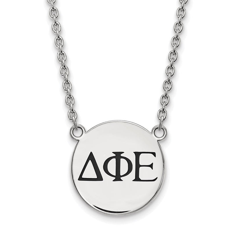 Sterlingsilber Rhodiniert Logoart Delta Phi Epsilon Sorority Greek Buchstaben Groß Schwarz Emaille Anhänger 18 Zoll Halskette