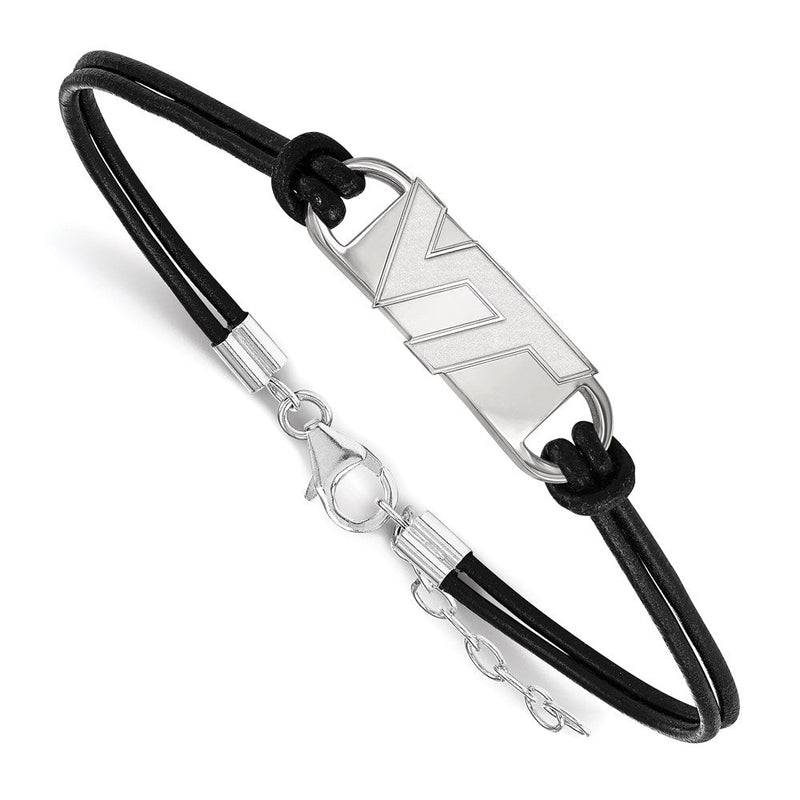 Sterlingsilber Rhodiniert Logoart Virginia Tech V T Klein Mittig Schwarz Leder 7 Zoll Armband mit Verlängerung