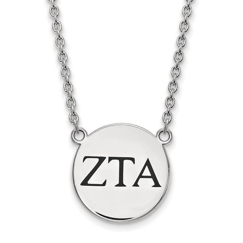 Sterlingsilber Rhodiniert Logoart Zeta Tau Alpha Sorority Greek Buchstaben Groß Schwarz Emaille Anhänger 18 Zoll Halskette