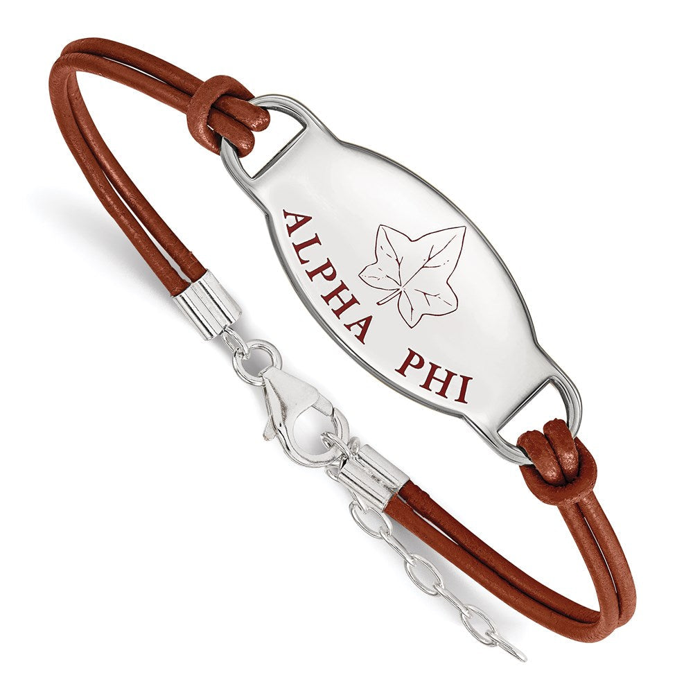 Sterlingsilber Rhodiniert Logoart Alpha Phi Sorority Symbol Farbe Emaille Leder 7 Zoll Armband mit Verlängerung