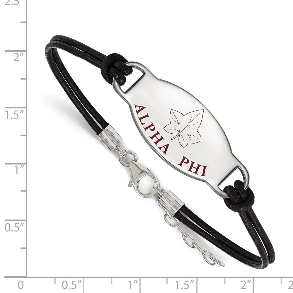Sterlingsilber Rhodiniert Logoart Alpha Phi Sorority Symbol Farbe Emaille Schwarz Leder 7 Zoll Armband mit Verlängerung