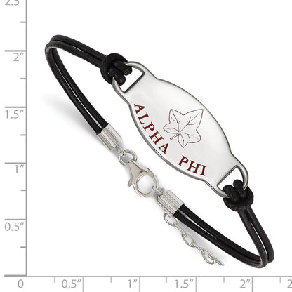 Sterlingsilber Rhodiniert Logoart Alpha Phi Sorority Symbol Farbe Emaille Schwarz Leder 7 Zoll Armband mit Verlängerung