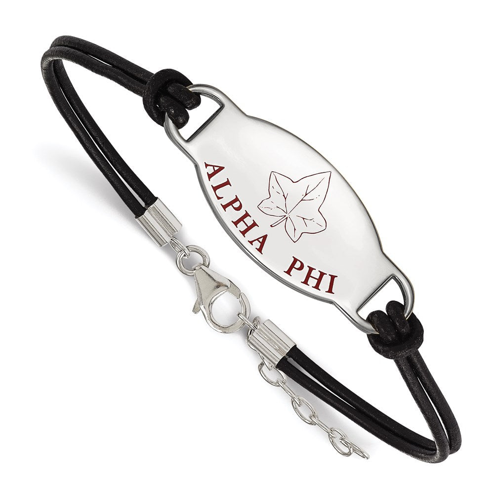 Sterlingsilber Rhodiniert Logoart Alpha Phi Sorority Symbol Farbe Emaille Schwarz Leder 7 Zoll Armband mit Verlängerung