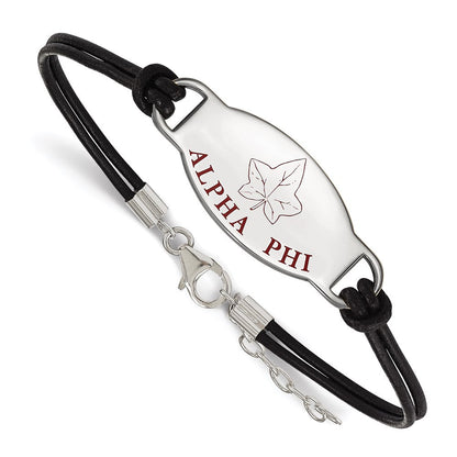 Sterlingsilber Rhodiniert Logoart Alpha Phi Sorority Symbol Farbe Emaille Schwarz Leder 7 Zoll Armband mit Verlängerung