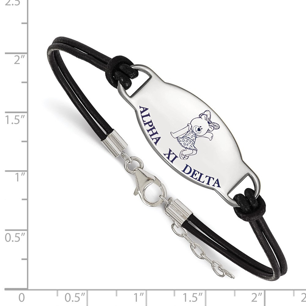 Sterlingsilber Rhodiniert Logoart Alpha Xi Delta Sorority Symbol Farbe Emaille Schwarz Leder 7 Zoll Armband mit Verlängerung