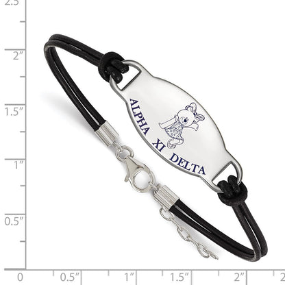Sterlingsilber Rhodiniert Logoart Alpha Xi Delta Sorority Symbol Farbe Emaille Schwarz Leder 7 Zoll Armband mit Verlängerung