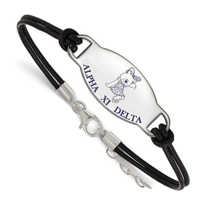 Sterlingsilber Rhodiniert Logoart Alpha Xi Delta Sorority Symbol Farbe Emaille Schwarz Leder 7 Zoll Armband mit Verlängerung
