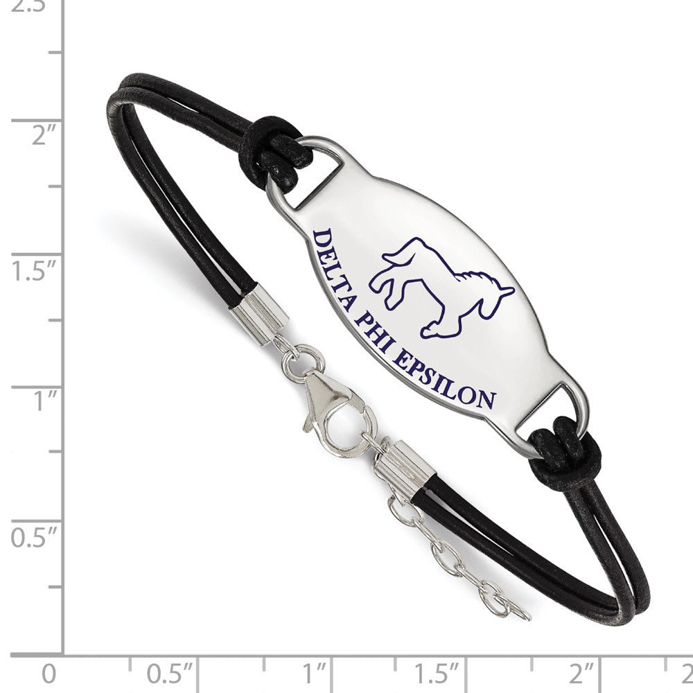 Sterlingsilber Rhodiniert Logoart Delta Phi Epsilon Sorority Symbol Farbe Emaille Schwarz Leder 7 Zoll Armband mit Verlängerung