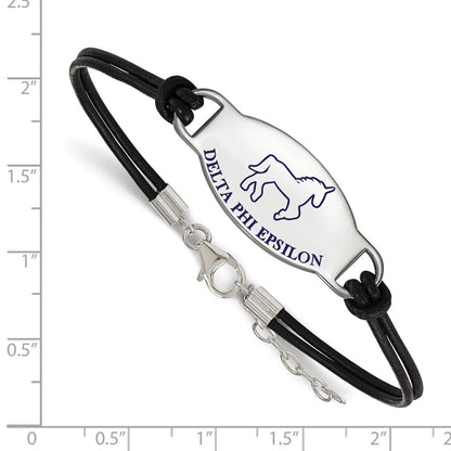Sterlingsilber Rhodiniert Logoart Delta Phi Epsilon Sorority Symbol Farbe Emaille Schwarz Leder 7 Zoll Armband mit Verlängerung