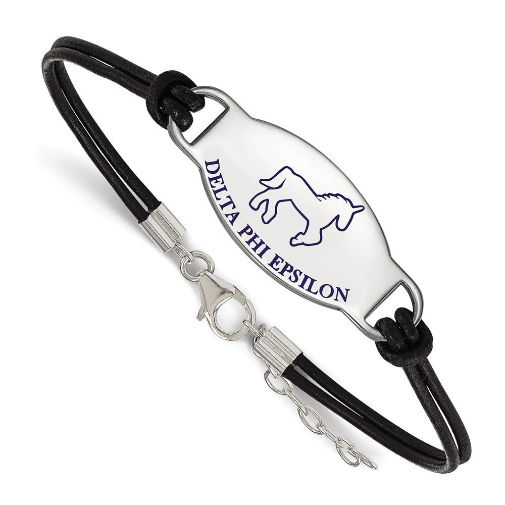 Sterlingsilber Rhodiniert Logoart Delta Phi Epsilon Sorority Symbol Farbe Emaille Schwarz Leder 7 Zoll Armband mit Verlängerung