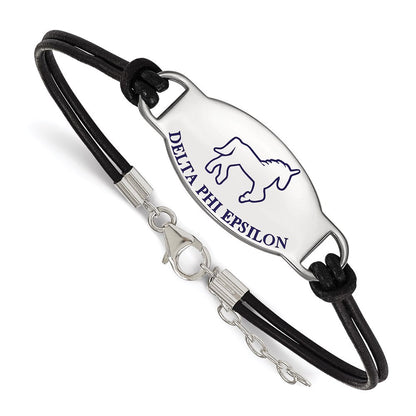 Sterlingsilber Rhodiniert Logoart Delta Phi Epsilon Sorority Symbol Farbe Emaille Schwarz Leder 7 Zoll Armband mit Verlängerung