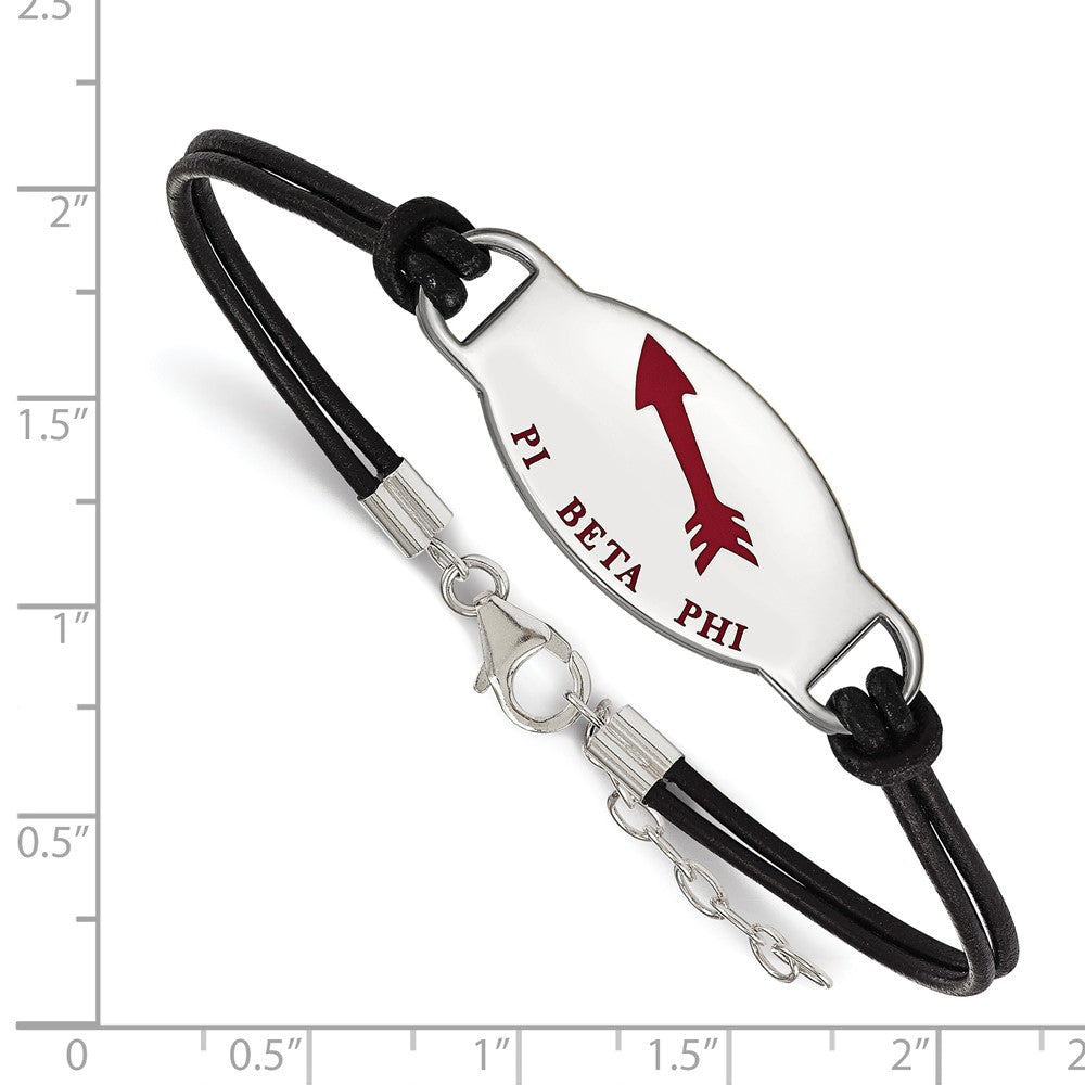 Sterlingsilber Rhodiniert Logoart Pi Beta Phi Sorority Symbol Farbe Emaille Schwarz Leder 7 Zoll Armband mit Verlängerung