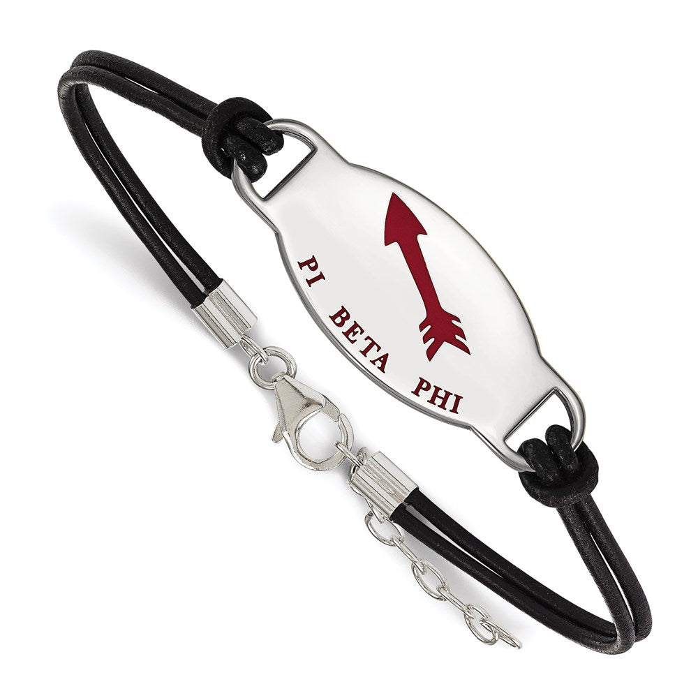 Sterlingsilber Rhodiniert Logoart Pi Beta Phi Sorority Symbol Farbe Emaille Schwarz Leder 7 Zoll Armband mit Verlängerung