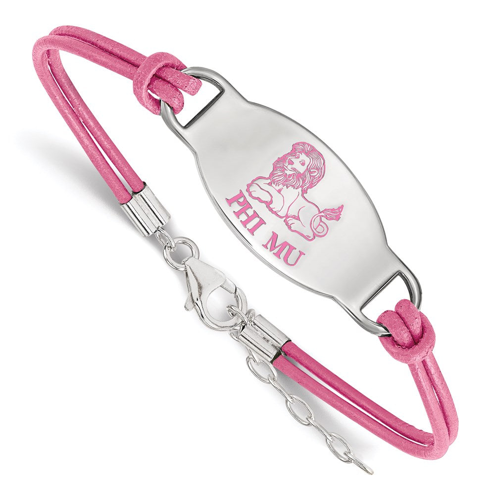 Sterlingsilber Rhodiniert Logoart Phi Mu Sorority Symbol Farbe Emaille Leder 7 Zoll Armband mit Verlängerung
