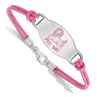 Sterlingsilber Rhodiniert Logoart Phi Mu Sorority Symbol Farbe Emaille Leder 7 Zoll Armband mit Verlängerung