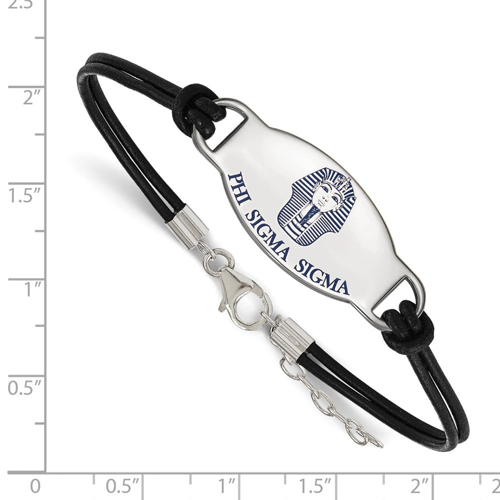 Sterlingsilber Rhodiniert Logoart Phi Sigma Sorority Symbol Farbe Emaille Schwarz Leder 7 Zoll Armband mit Verlängerung