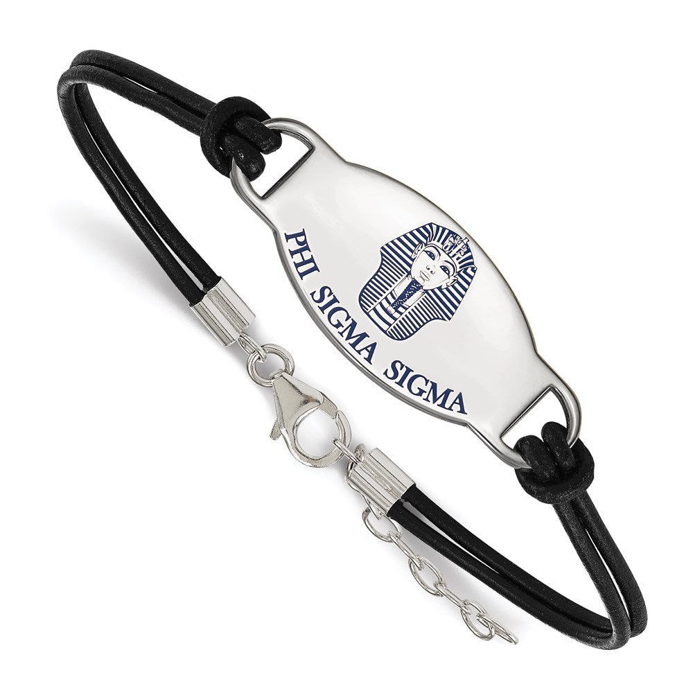 Sterlingsilber Rhodiniert Logoart Phi Sigma Sorority Symbol Farbe Emaille Schwarz Leder 7 Zoll Armband mit Verlängerung