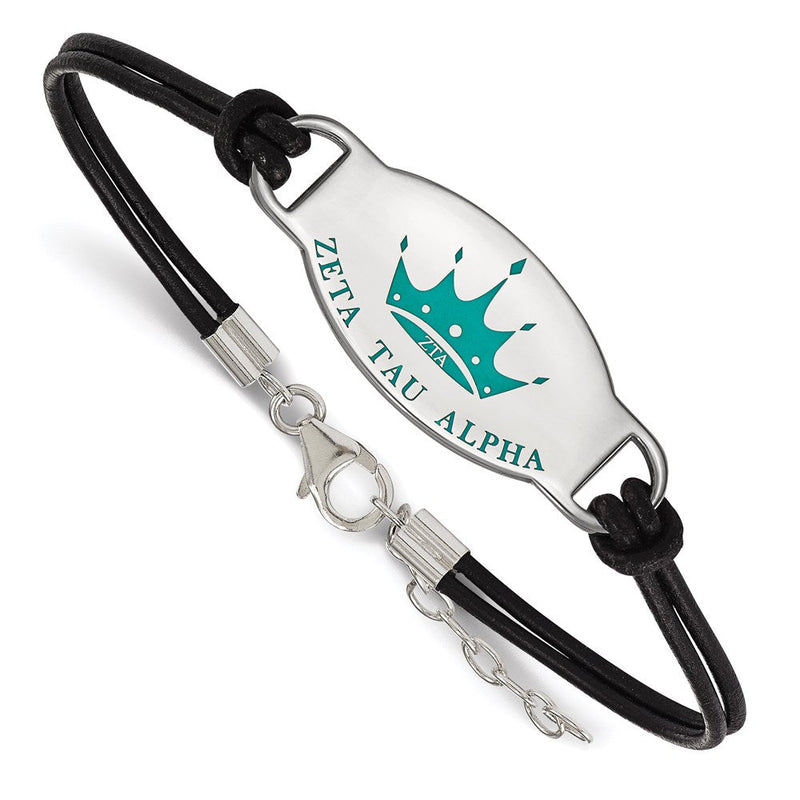 Sterlingsilber Rhodiniert Logoart Zeta Tau Alpha Sorority Symbol Farbe Emaille Schwarz Leder 7 Zoll Armband mit Verlängerung