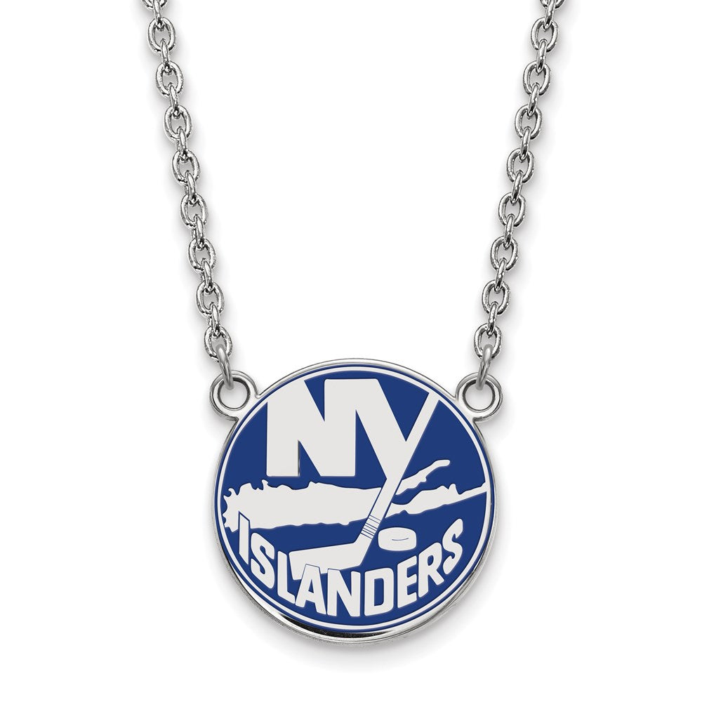 Sterlingsilber Rhodiniert Nhl Logoart New York Islanders Groß Emailliert Anhänger 18 Zoll Halskette