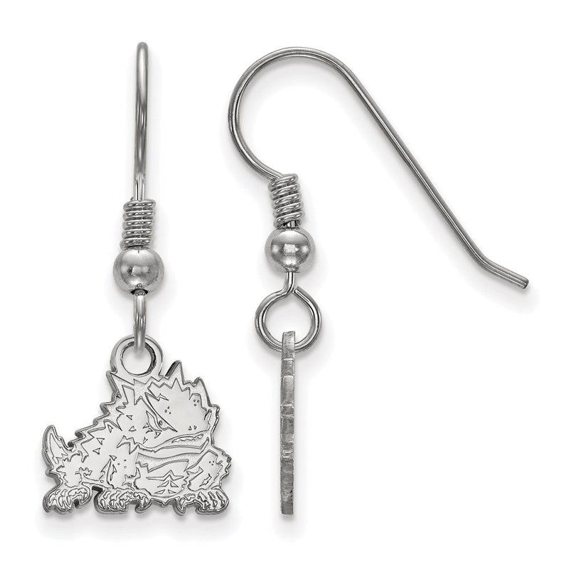 Sterlingsilber Rhodiniert Logoart Texas Christlich University Gehörnt Frosch Extra Klein Hängend Draht Ohrringe