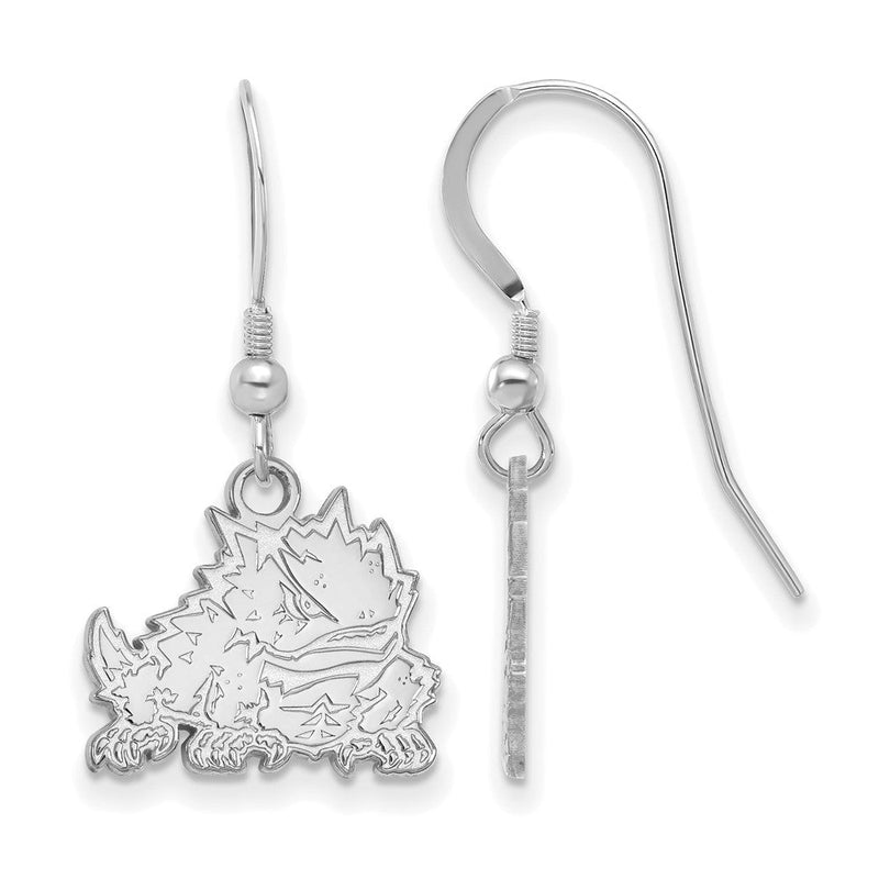 Sterlingsilber Rhodiniert Logoart Texas Christlich University Gehörnt Frosch Klein Hängend Draht Ohrringe