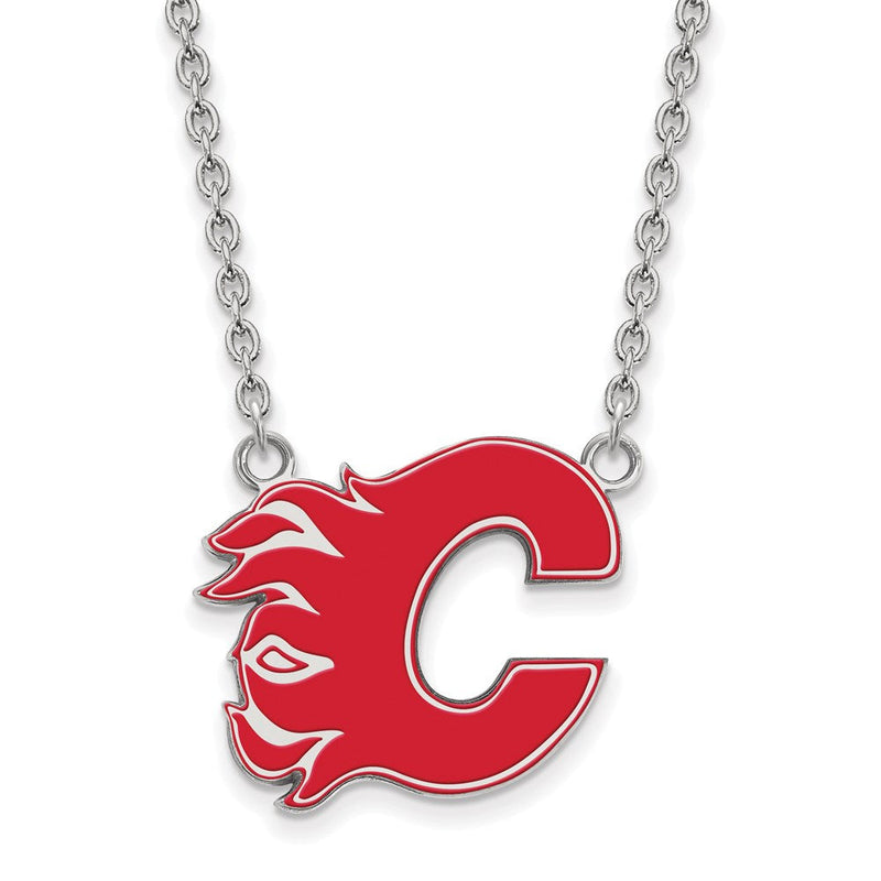 Sterlingsilber Rhodiniert Nhl Logoart Calgary Flames Buchstabe C Groß Emailliert Anhänger 18 Zoll Halskette