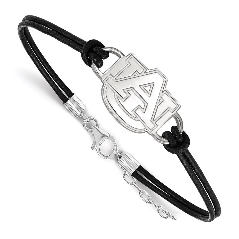 Sterlingsilber Rhodiniert Logoart Auburn University A U Mittel Mittig Schwarz Leder 7 Zoll Armband mit Verlängerung