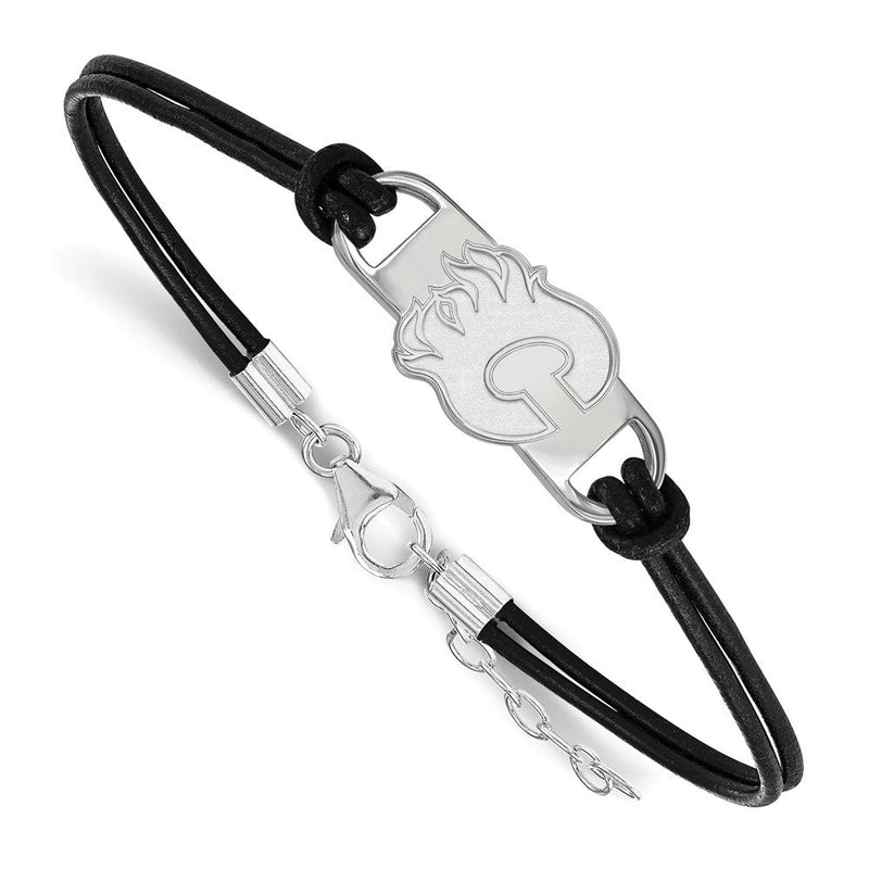 Sterlingsilber Rhodiniert Nhl Logoart Calgary Flames Buchstabe C Klein Mittig Schwarz Leder 7 Zoll Armband mit Verlängerung