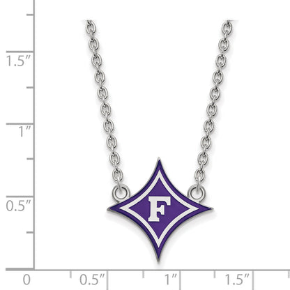 Sterlingsilber Rhodiniert Logoart Furman University Groß Emailliert Anhänger 18 Zoll Halskette