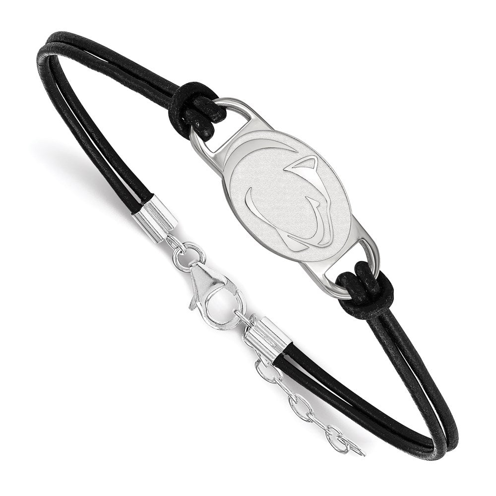 Sterlingsilber Rhodiniert Logoart Penn State University Löwe Klein Mittig Schwarz Leder 7 Zoll Armband mit Verlängerung