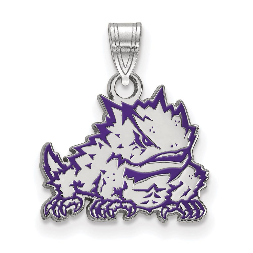 Sterlingsilber Rhodiniert Logoart Texas Christlich University Gehörnt Frosch Klein Emailliert Anhänger