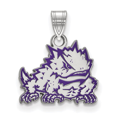 Sterlingsilber Rhodiniert Logoart Texas Christlich University Gehörnt Frosch Klein Emailliert Anhänger