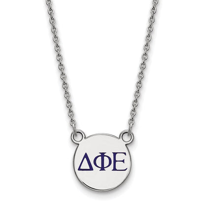 Sterlingsilber Rhodiniert Logoart Delta Phi Epsilon Sorority Greek Buchstaben Klein Farbe Emaille Anhänger 18 Zoll Halskette