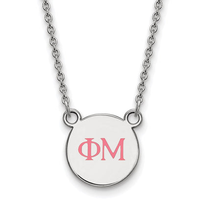 Sterlingsilber Rhodiniert Logoart Phi Mu Sorority Greek Buchstaben Extra Klein Farbe Emaille Anhänger 18 Zoll Halskette