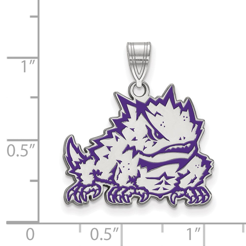 Sterlingsilber Rhodiniert Logoart Texas Christlich University Gehörnt Frosch Groß Emailliert Anhänger